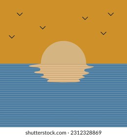 Sunset on the sea geometrical poster. Sea sunset birds on yellow blue background. Vector illustration.