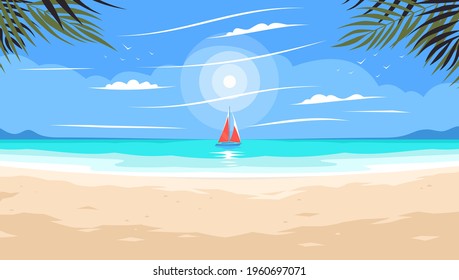 Sunset on a sea or ocean beach under palm trees. Sunset on the beach under the palm trees. Summer or luxury vacation beach. Sunset under palm trees on beach. Azure Coast. Vector illustration EPS 10