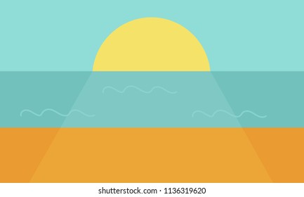 Sunset on the sea or ocean. The large crimson sun sets on the water. Vector flat illustration.