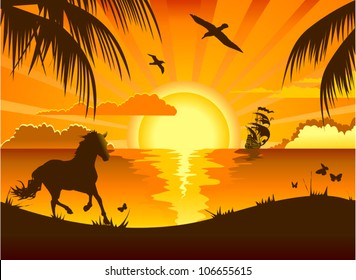 Sonnenuntergang am Meer mit Blick auf den Strand und Segelboot (Abbildung)
