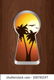Sunset on the sea and palm trees are seen through the keyhole. Vector illustration