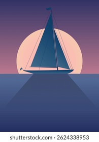 Sunset on the sea with a sailing yacht. Vector illustration. Sketch for creativity.