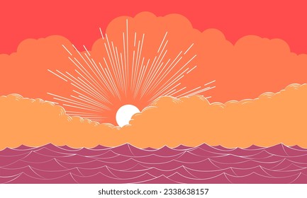 Sunset on sea. Sun over water. Sunrise over sea. Nature landscape and seascape. 