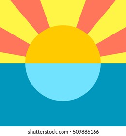 Sunset on the sea. Sun with yellow / red rays. Sunrise. The sea is calm. Vector background.