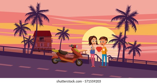 Sunset on the sea, two characters, the boy gives a girl heart love, amid a sea landscape, palm trees, a moped, Cartoon style, vector illustration