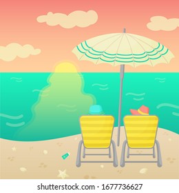 Sunset on the sea. Two people are relaxing on the beach. Vacation at the resort. Great for illustrating articles, advertising design. Vector illustration.