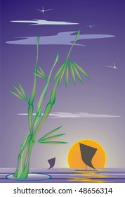 sunset on the sea, vector editable image in oriental style		 		 		 		 		 		 		 		 		