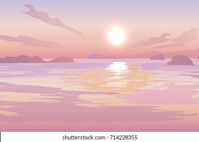 Sunset On The Sea, Vector Landscape Background.