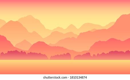 Sunset on the sea, vector mountains landscape background.