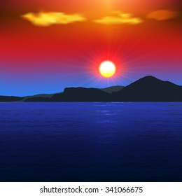 sunset on the sea with views of mountains