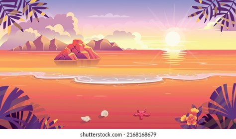 Sunset on the sea.Summer tropical beach with sun mountains and islands. Seaside landscape, nature vacation, ocean or sea seashore.Vector cartoon illustration.