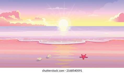 Sunset on the sea.Summer tropical beach with sun mountains and islands. Seaside landscape, nature vacation, ocean or sea seashore.Vector cartoon illustration.