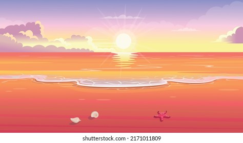 Sunset on the sea.Summer tropical beach with sun. Seaside landscape, nature vacation, ocean or sea seashore.Vector cartoon illustration.