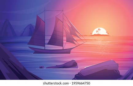 Sunset on south sea colorful cartoon composition with sailing boat near rocky shores vector illustration