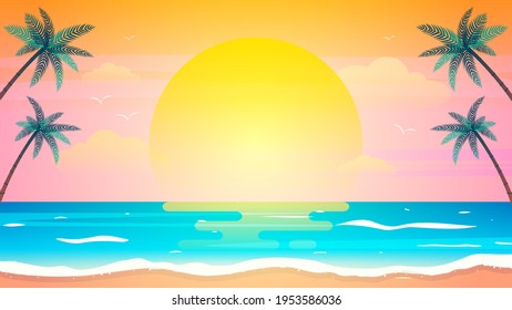 Sunset on summer beach background vector illustration

