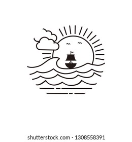 Sunset on summer beach with boat. Line art style logo design