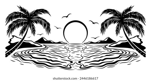 Puesta de sol en la playa tropical ilustración sobre fondo blanco.