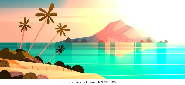 Sunset On Tropical Beach Landscape Summer Seaside With Palm Tree And Silhouette Mountains Flat Vector Illustration