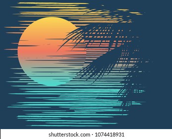 Sunset on tropical beach with palm tree. Sun on evening sea. Vector illustration.