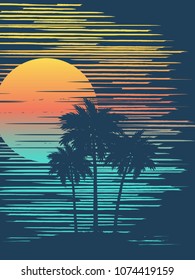 Sunset on tropical beach with palm tree. Sun over evening sea. Vector illustration.