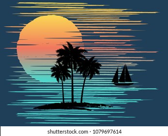 Sunset on tropical beach with palm tree. Sun on evening sea. Vector illustration.