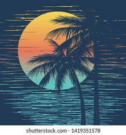 Sunset on tropical beach with palm tree. Sun on evening sea. Vector illustration.