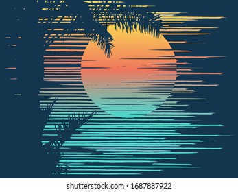 Sunset on tropical beach with palm tree. Sun on evening sea. Vector illustration.