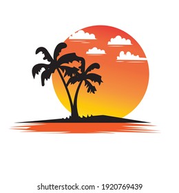 Sunset on tropical beach with palm tree. Sun on evening sea. Vector  illustration design.