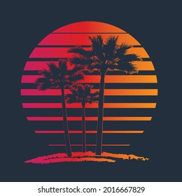 Sunset on tropical beach with palm tree. Sun on evening sea.