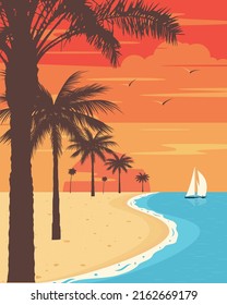 Sunset on tropical beach with palm tree. Sun on evening sea. Vector illustration.