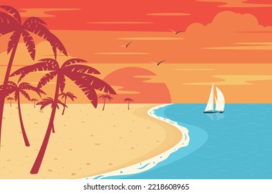 Sunset on tropical beach with palm tree. Sun on evening sea. Vector illustration.