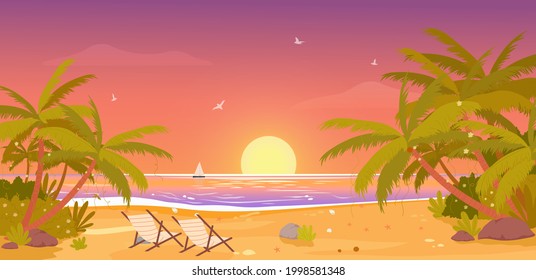 Sunset on tropical beach, tropic paradise vacation landscape vector illustration. Cartoon palm trees, resort lounges on sand, setting sun on on water waves in summertime beachside scenery background