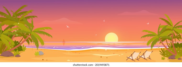 Sunset on tropical beach, tropic paradise vacation wide panorama landscape vector illustration. Palm trees, resort lounges on sand, setting sun on on water waves in summertime scenery background