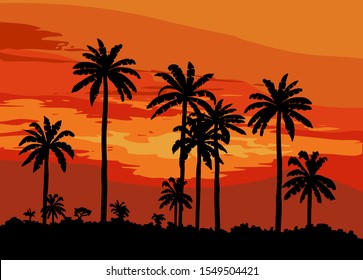 sunset on a tropical island. color illustration