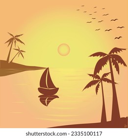 puesta de sol en una isla tropical. ilustración vectorial