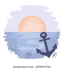 Sunset on tropical sea with anchor and seashells on watercolor background. Illustration, icon, vector