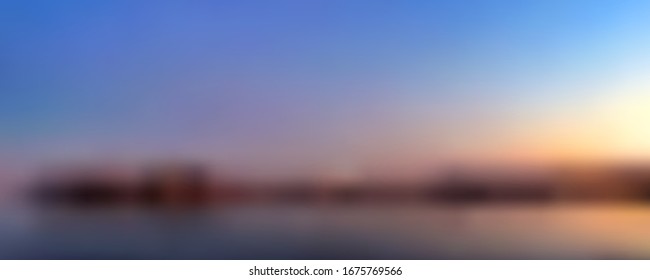 Sunset on tropical seashore. Blurred vector background. Defocused coastline, evening sky and sea. EPS10. Place for your text