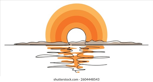 Sunset on water continuous single line art drawing sketch on white background