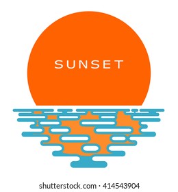 Sunset on a white background. Colored Sunset, icon, isolate. Flat sunset, color illustration. The sun and the sea, the sign of the nature. Sea sunset or sunrise. Stock vector