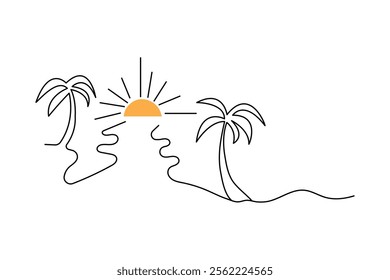 Sunset one line drawing of minimalist vector icon with black and white background
