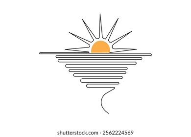Sunset one line drawing of minimalist vector icon with black and white background