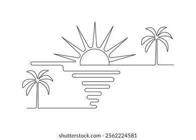 Sunset one line drawing of minimalist vector icon with black and white background