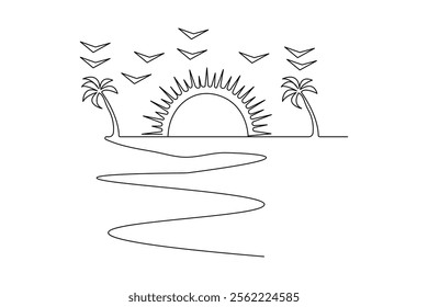 Sunset one line drawing of minimalist vector icon with black and white background