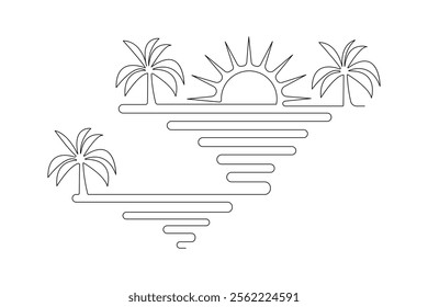 Sunset one line drawing of minimalist vector icon with black and white background