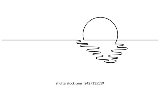 Sunset one line sketch. Continuous doodle art drawing, simple linear sunrise over sea illustration. Editable stroke