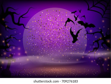 Sunset onHalloween background. Scary shadow of witch on moon background.