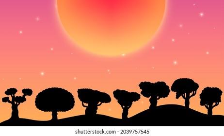 Sunset orange background with stars and planet sun set back ground. can use for poster, business banner, flyer, advertisement, brochure, catalog, web, site, website, presentation backgrounds
