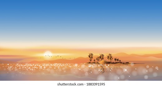 Sunset with orange and blue sky in evening, Panorama Tropical seascape of blue ocean and coconut palm tree on island,Vector illustration beautiful nature seaside in morning on summer