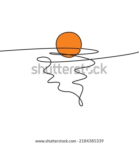 Sunset orange over the sea. Single continuous line drawing illustration. Isolated on a white background. Editable vector. Eps 10. 