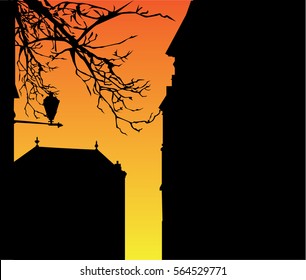 Sunset orange sky, old Victorian buildings, tree and street lantern silhouette
vector cityscape illustration